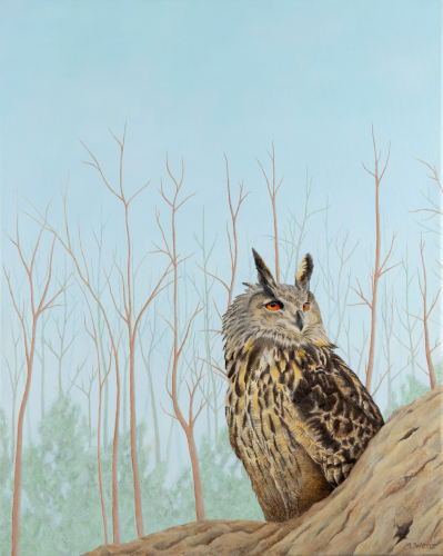 Eurasian Eagle Owl  •  16&quot;x 20&quot; x .75&quot; depth  •  2020  •  Acrylic