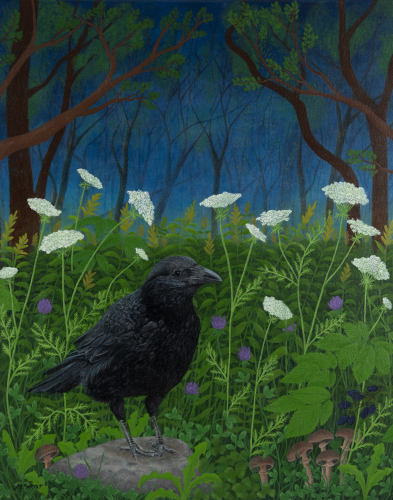 Late Summer Crow  •  16&quot;x 20&quot; x .75 depth  •  2021  •  Acrylic