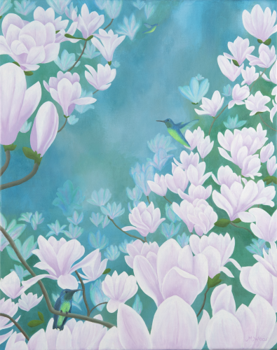 Humming Birds in the Magnolias  •  16&quot;x 20&quot; x .75 depth  •  2021  •  Oil